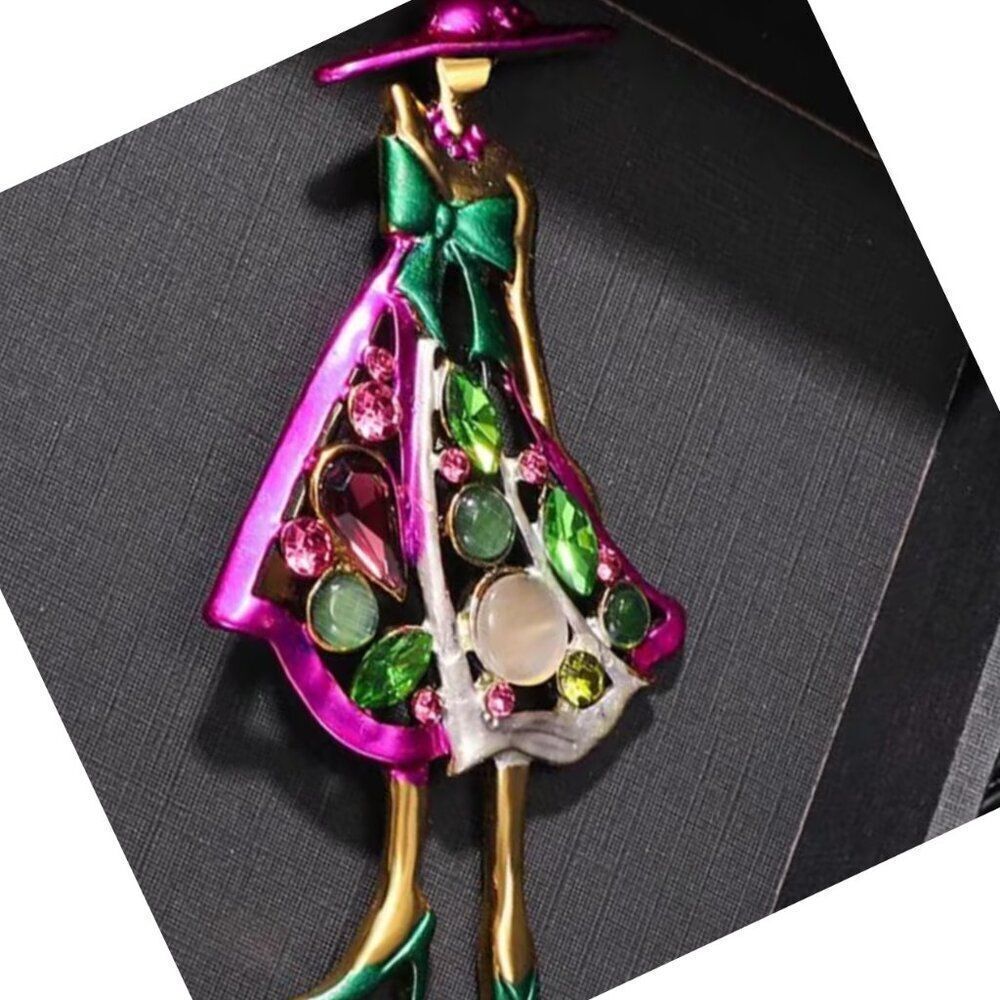 NWTLady in Hat Figurine Brooch Vibrant-Fashion Elegant Mixed Color Glass & Beads